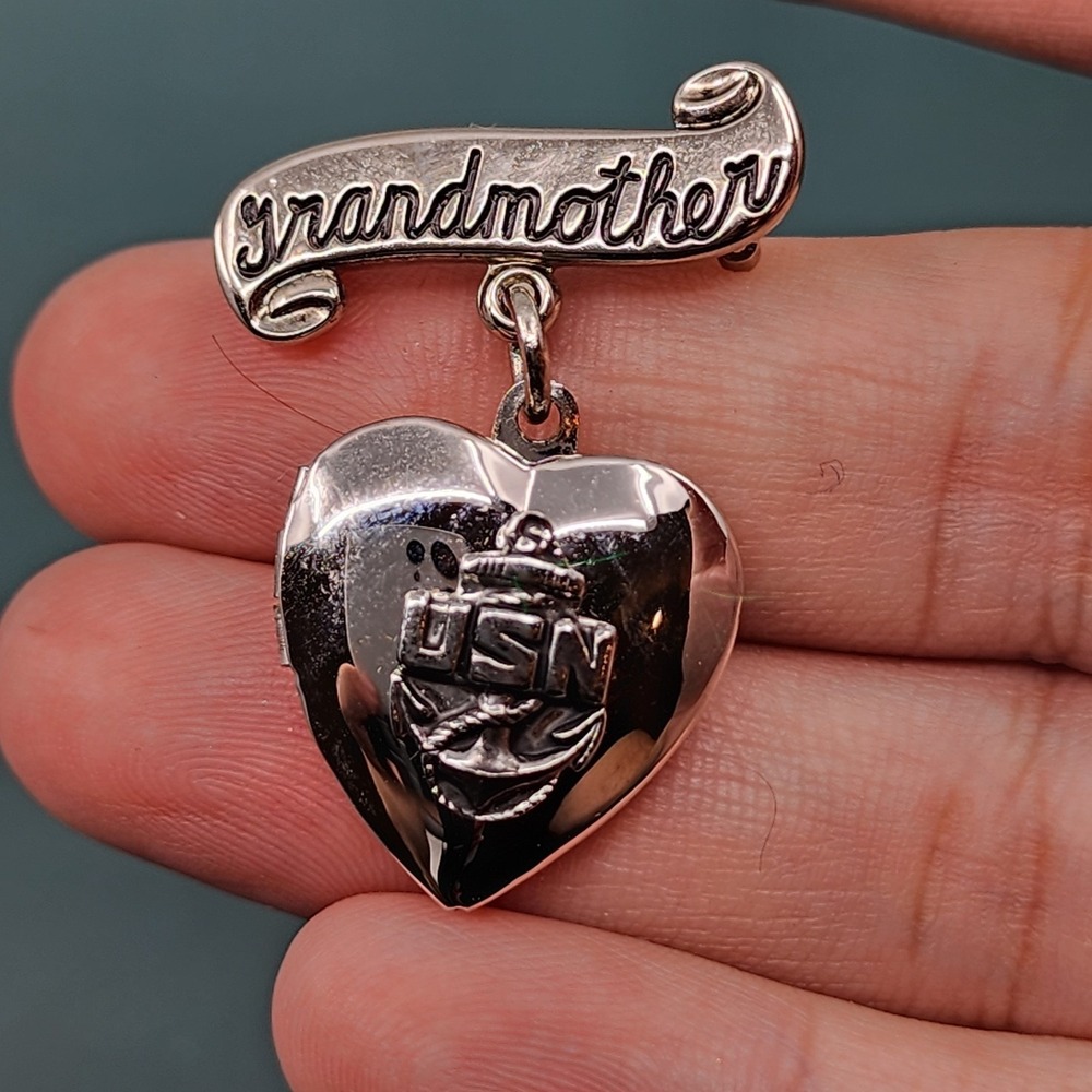 USN Grandmother Heart Locket Brooch Silver Tone Navy Military Sweetheart Pin